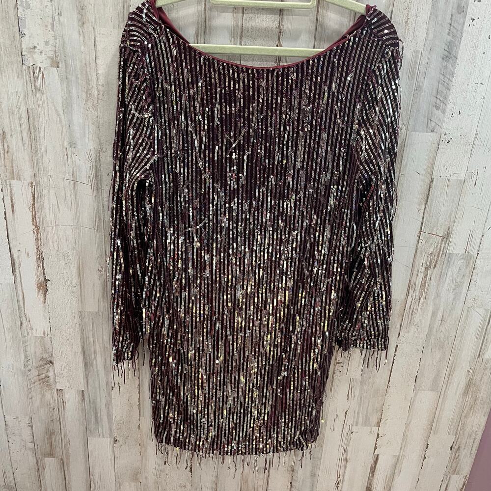 ZARA Burgundy Silver SEQUINNED Dress FRINGE LOW Back Long Sleeve Womens XS